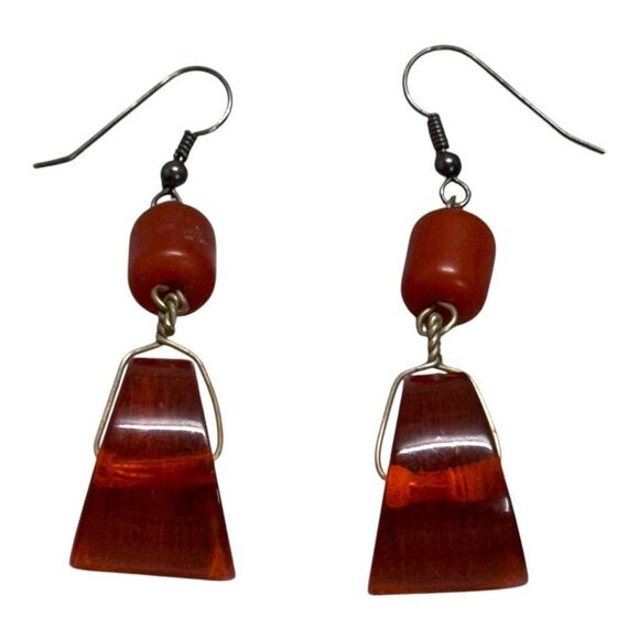 Retro Amber & Orange Dangle Earrings MCM Modern Boho Hippy Geometric Shapes - Picture 2 of 4